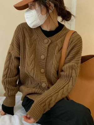 

Ретро-свитер с узором косы, утолщенный, свободного кроя, с длинным рукавом, модный топ для женщин, осень 2025, новинка, смесовый хлопок