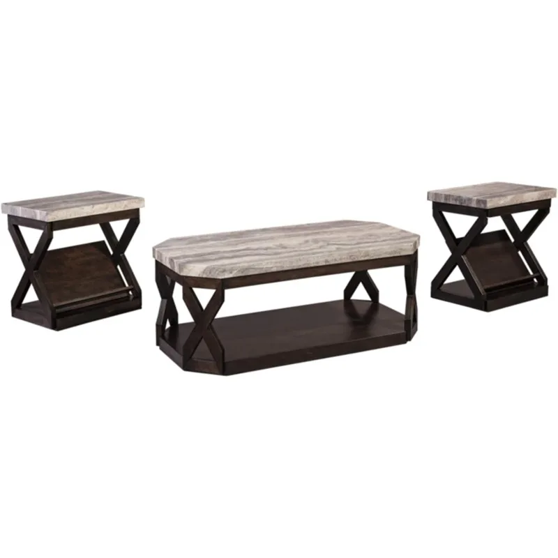 Faux Marble 3-Piece Table Set  Includes Coffee Table and 2 End Tables  Gray & Brown Designed with Fixed Shelves