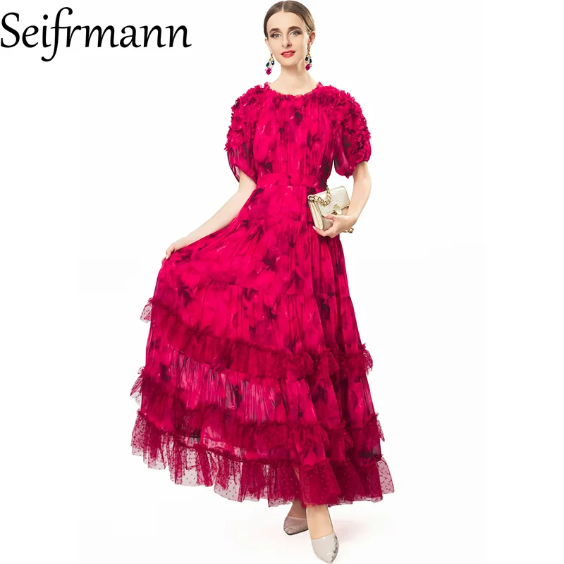 

Seifrmann 2026 summer women's new fashionable round neck short sleeved mesh printed waist cinching length dress