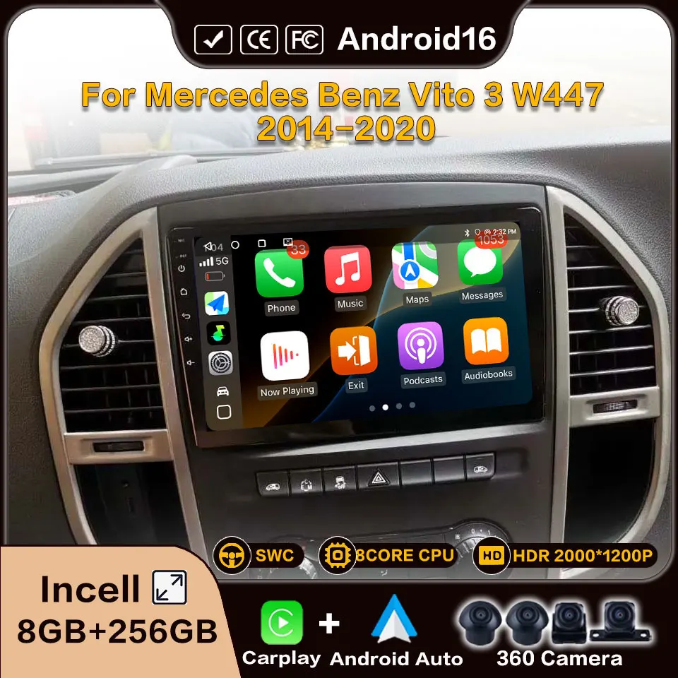 Android 16 For Mercedes Benz Vito 3 W447 2014-2020 Car Radio Multimedia Player Video Stereo 8 256G WIFI GPS Navigation Carplay