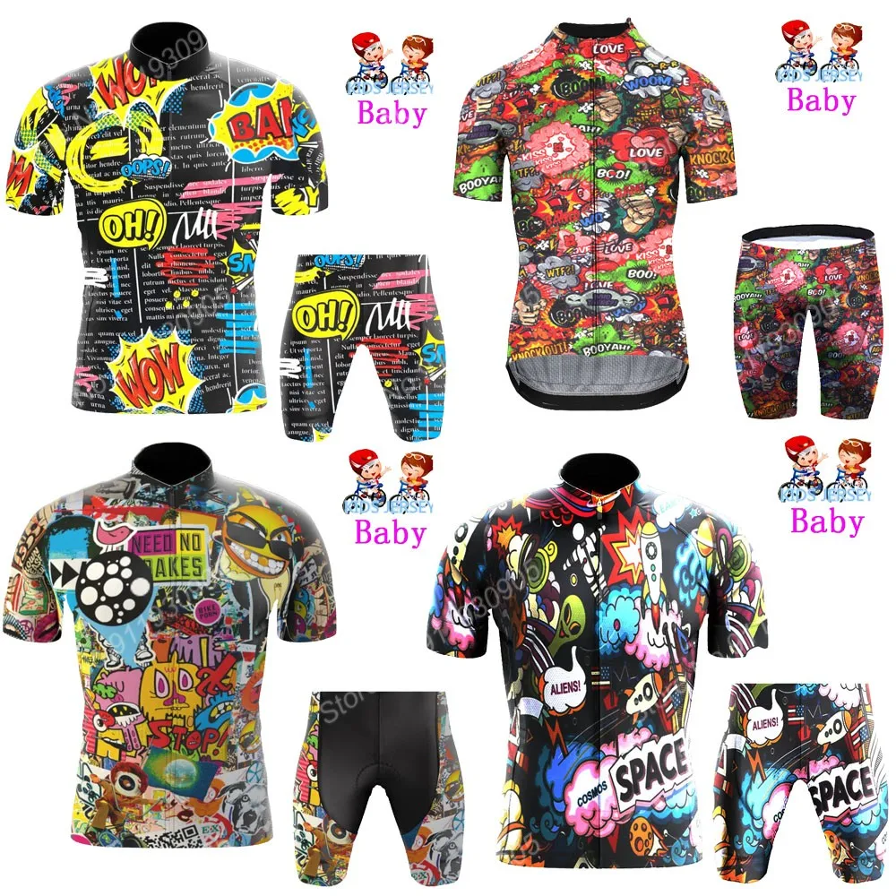 2022 Kids New Cartoon Comic Cycling Jersey Set Boys Girls Explosive Cycling Clothing Children Road Bike Suit Maillot Culotte