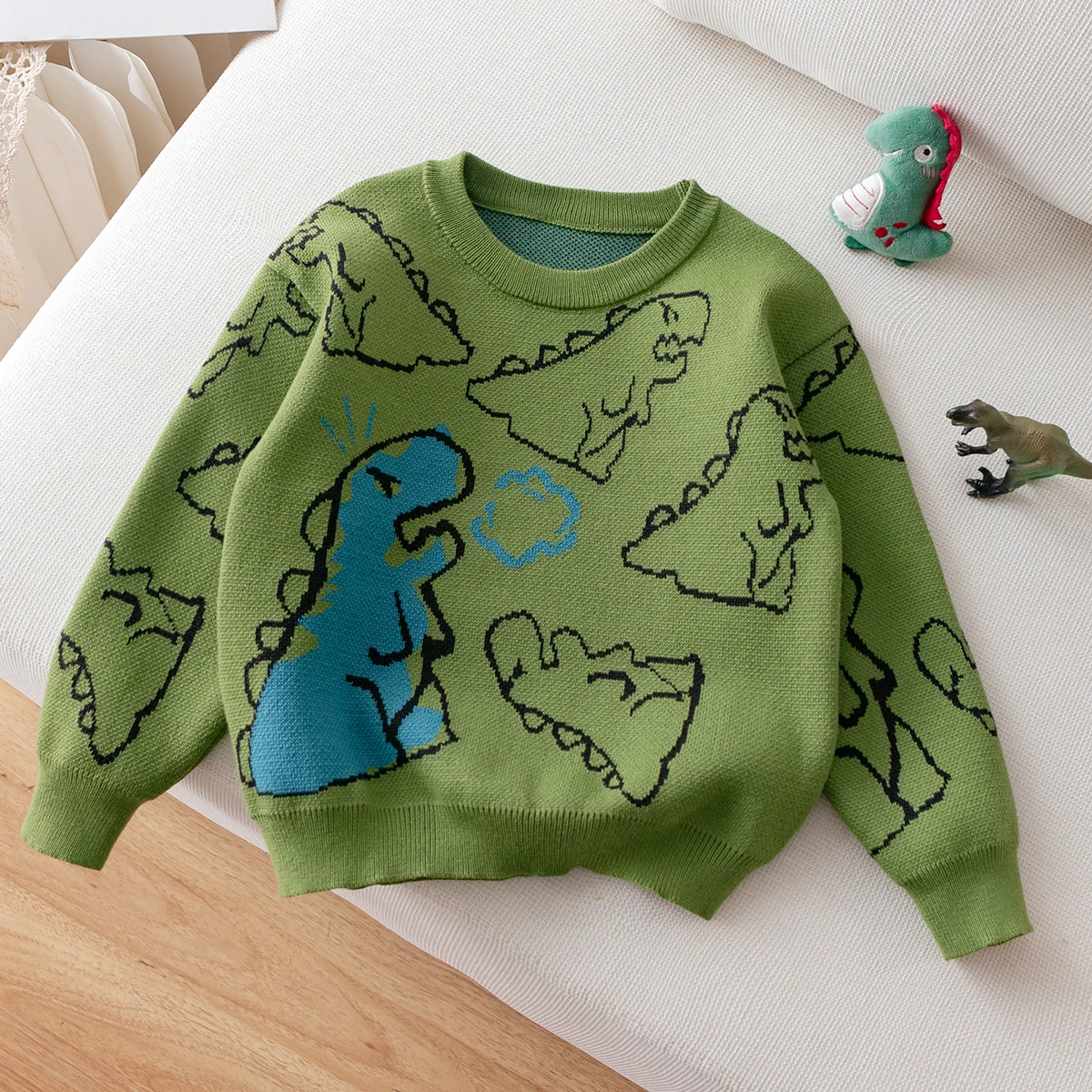 Jersey de punto con diseño de dinosaurio de estilo lindo, adecuado para vacaciones diarias en primavera, otoño e invierno para niños y niños