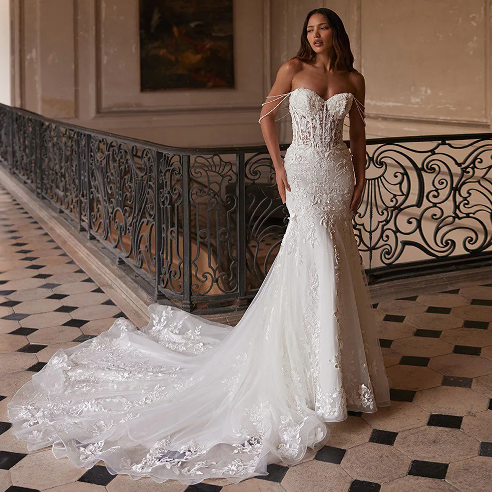 Exquisito vestido de novia de sirena, vestido de novia de encaje, perlas personalizadas, hombros descubiertos, apliques de corazón, vestidos de novia de cola de corte