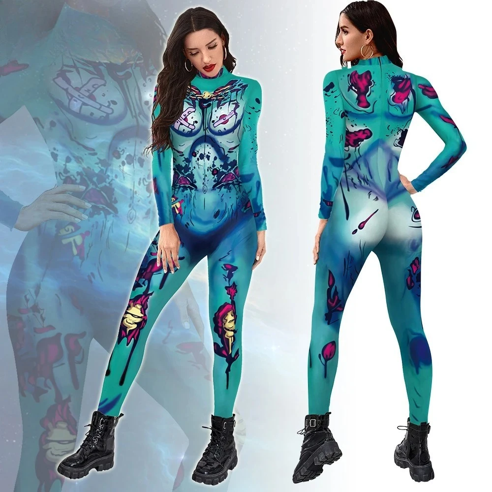 

Teal Gothic Skeleton Bodysuit - Intricate Bone & Floral Print, Form-Fitting Outfit for Halloween & Dark-Themed Events