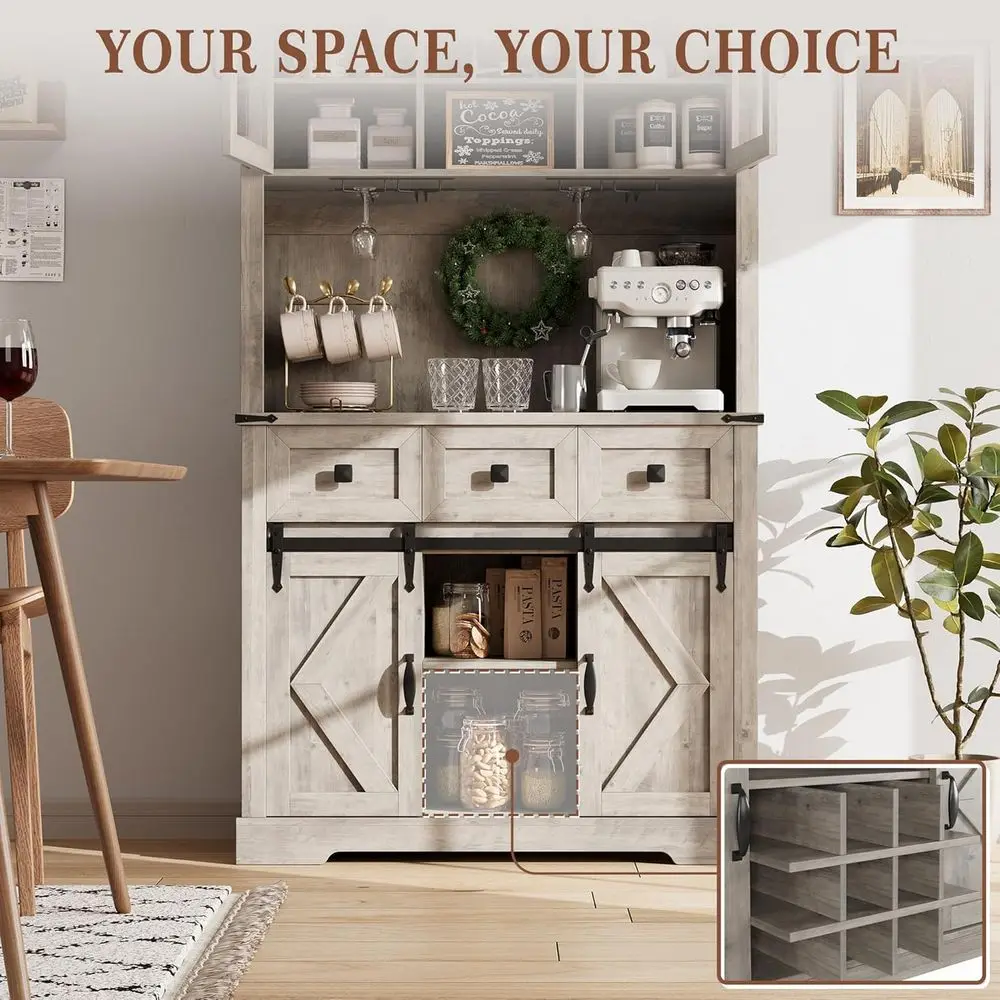 Lemari Bar Geser Rustic 72, Rak Dapur dengan Rak Anggur, 3 Laci, Bufet Ruang Tamu