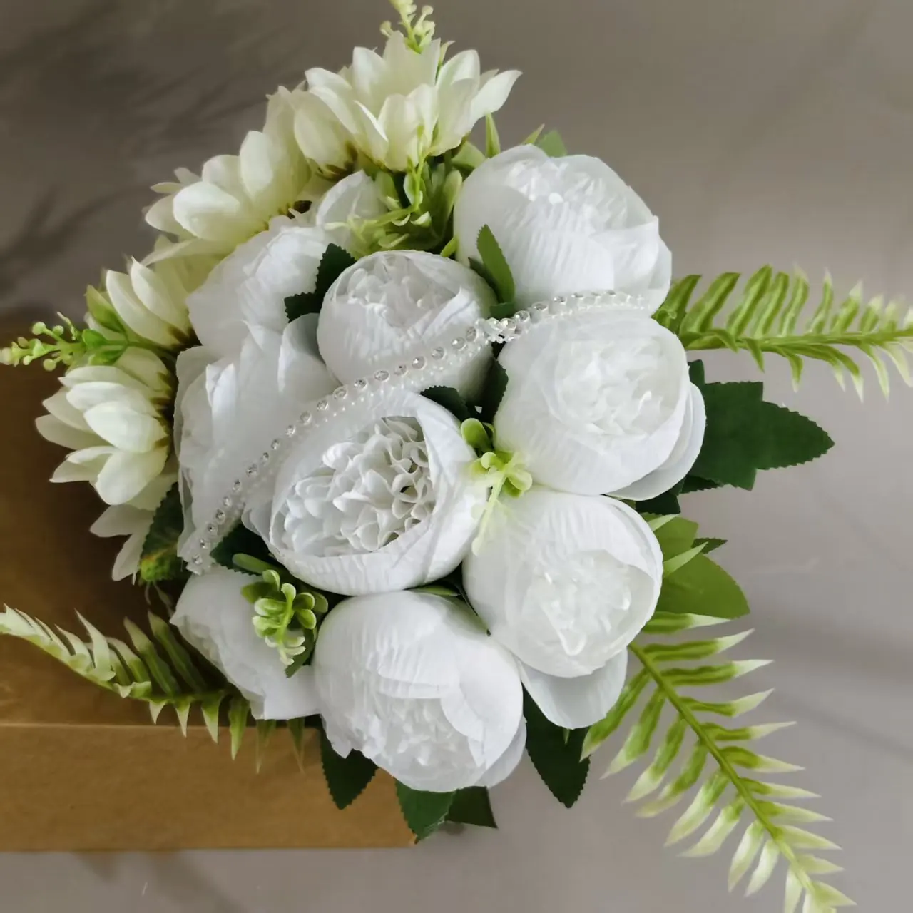 White Peony Bridal Hand Bouquet Artificial Fern Leaf Green Satin Ribbon Handle Pearl Accent Wedding Bride Holding Flower