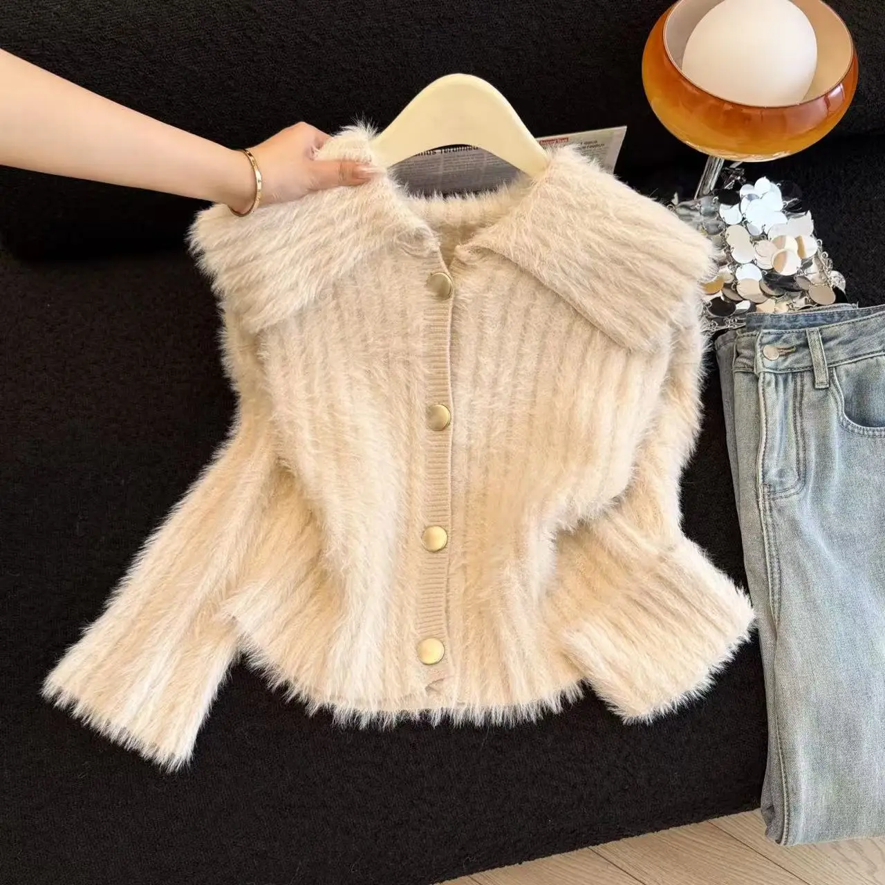 

Thiened Soft Mink Velvet Knitted Sweater Winter Loose Coat for Women Collar Casual Comfortable High Quali Outerwear
