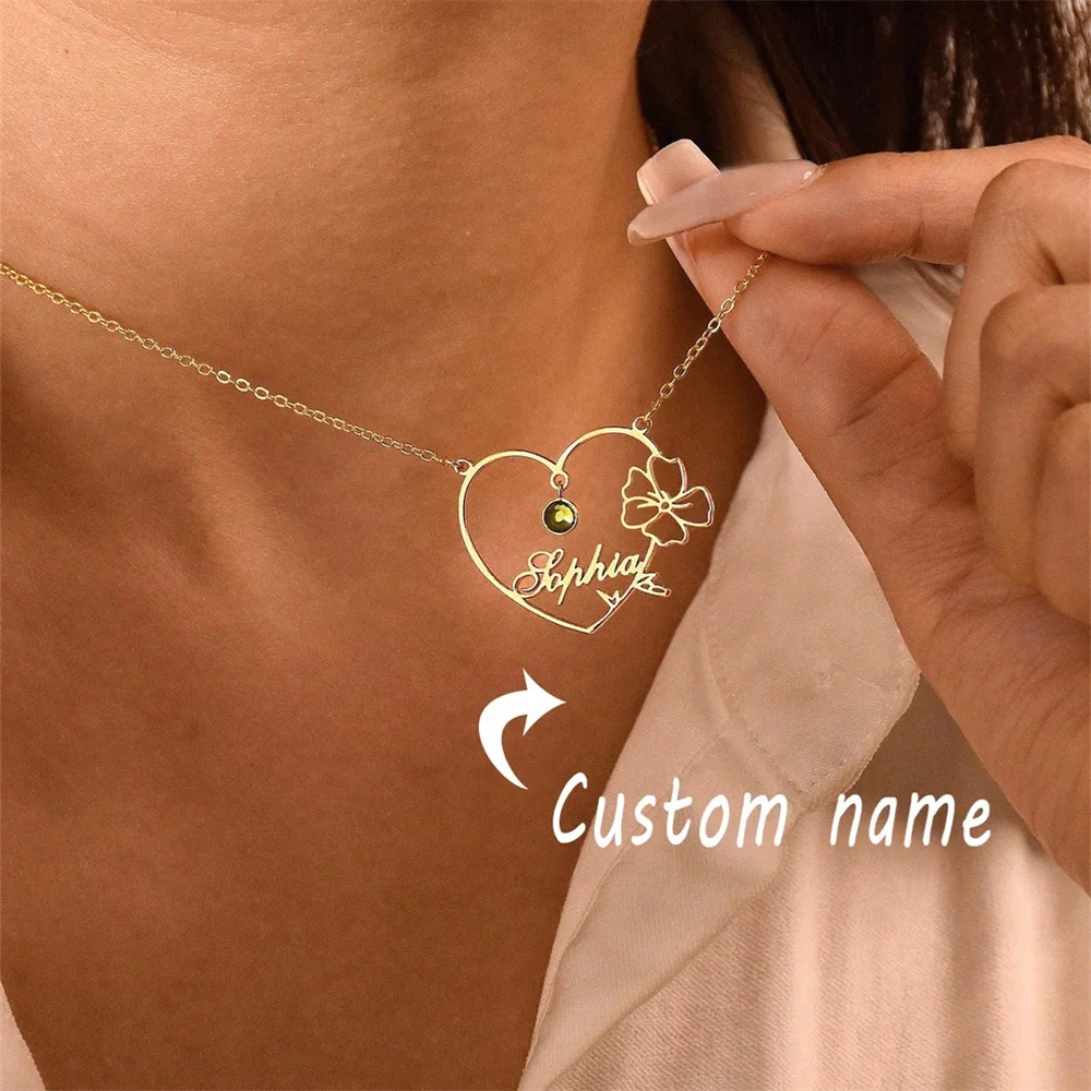 

Custom Heart Flower Name Necklace Gold Color Stainless Steel Personalized Pendant with Birthstone Minimalist Daily Wear Jewelry