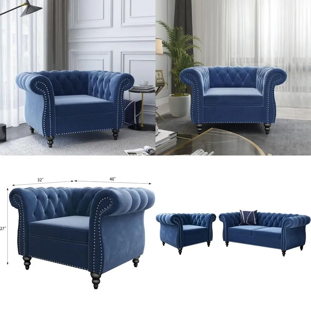 

2 Piece Living Room Set, Velvet Chesterield Soa Loveseat Couch Chair with Scroll Arms and Nailor Living Room, Oice (Blue)