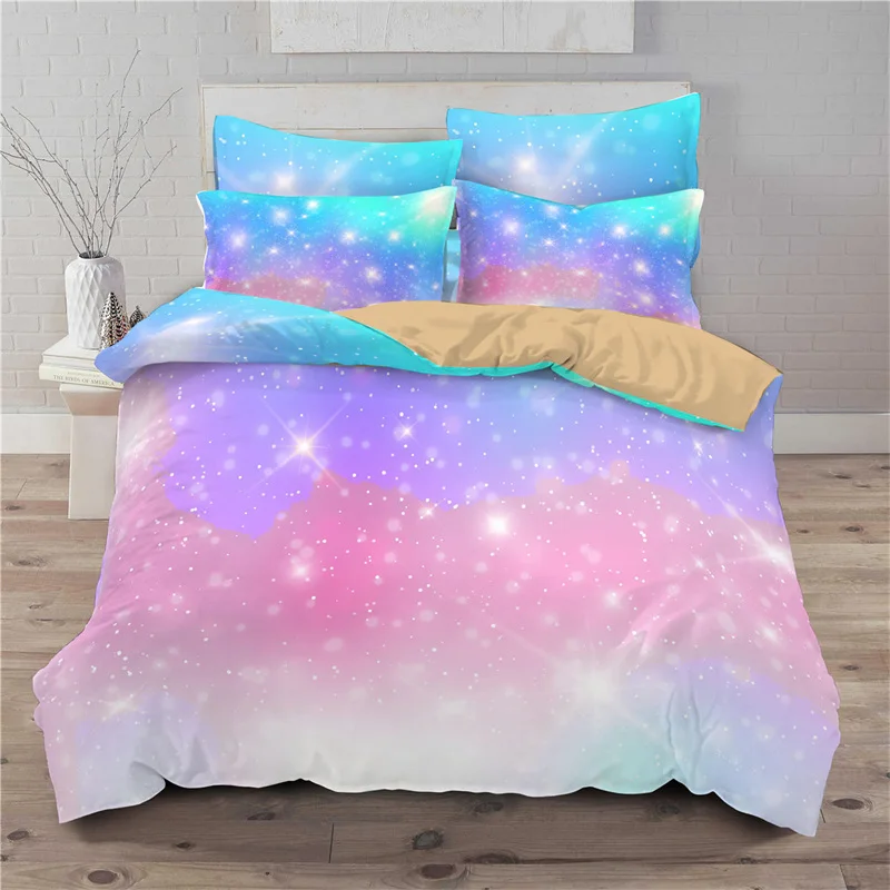 

Rainbow Duvet Cover Set Cloud Sky Pink Blue 3D Print Bedding Set Queen Size Microfiber Golden Star Comforter Cover Bedroom Decor