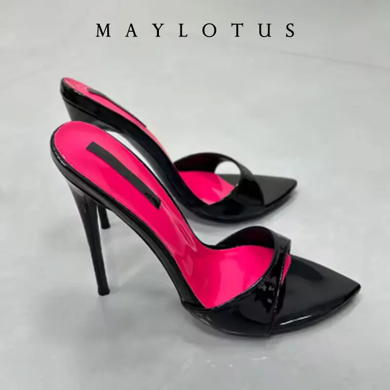 Size 35-46 Patchwork Stiletto Heel Slippers Newest Pointed Open Toe One Strap Thin Heel Slip-on Sandals Sexy Dress Mules