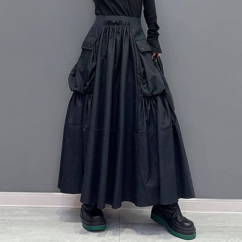 الصلبة الأخضر الأسود مرونة الخصر ألف خط فضفاضة تناسب امرأة تنورة طويلة جيوب كبيرة الكورية نمط لباس غير رسمي مطوي تنورة JJSK044 #4