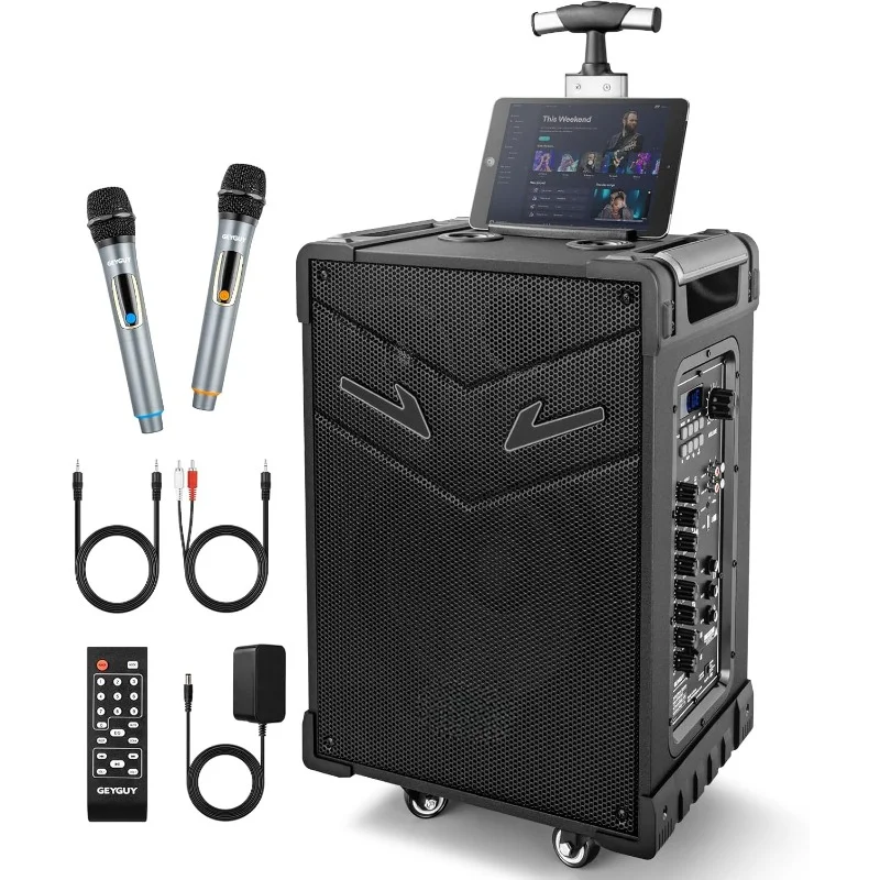 

GTSK10-3 3-Way Portable PA System with wireless microphones,10'' subwoofer Bluetooth Karaoke Machine, Rechargeable