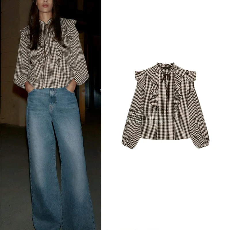 

Winter New Women's Faion round Ne Long Sve irt Small id Pattern Layered Decorative Polyester Fiber Skin-friendly B...