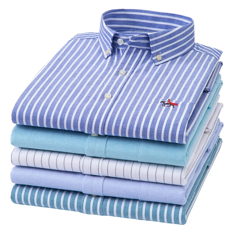 M~6XL Men\'s Shirt Long Sleeve Cotton Oxford Fashion Casual Pocket Regular Fit Solid Color StripeBusiness Formal Shirt