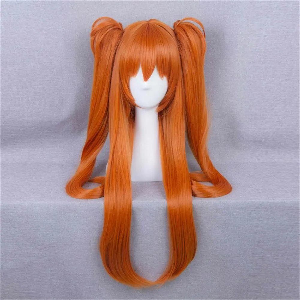 애니메이션 롱 오렌지 코스프레 가발 클립 온 더블 포니테일, 여자 파티 합성 가발