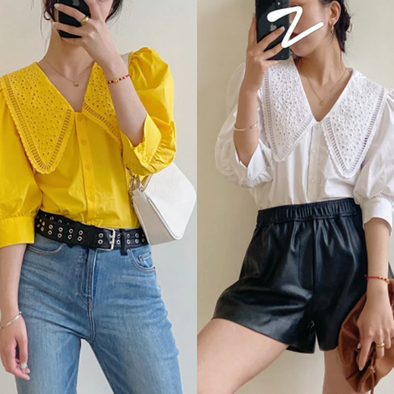 

Retro Sle Doll Collar Embroidered Bubble Sve Courard Large Collar irt Spring Summer New Arrival Women's Faion Cott...