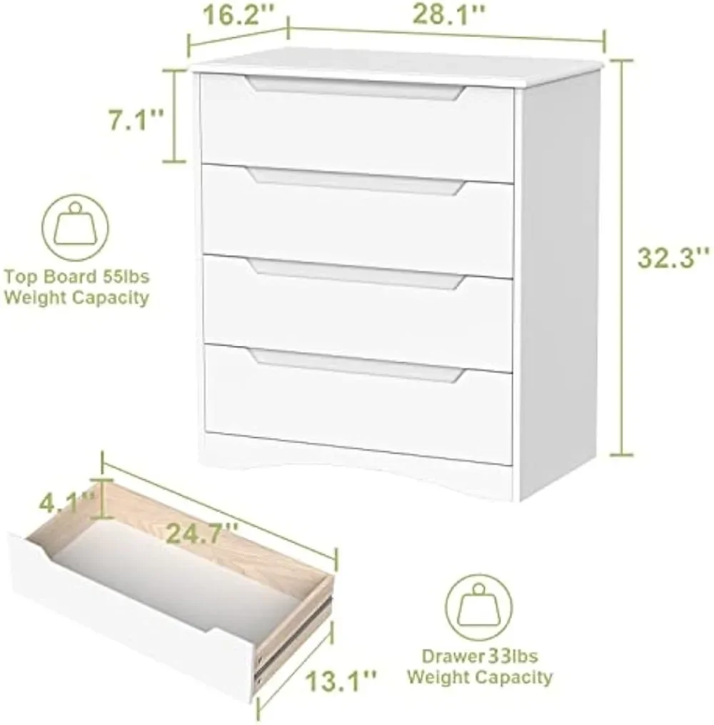 4 Drawer Dresser, White Chest of Drawers with Large Storage Capacity, Bedroom Dressers and Organizer