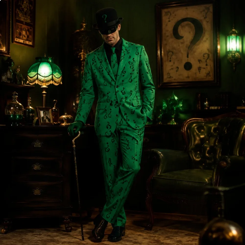 Gotham Villain Green Suit Set, Question Mark Print Blazer & Trousers for Men Halloween Costume view 4