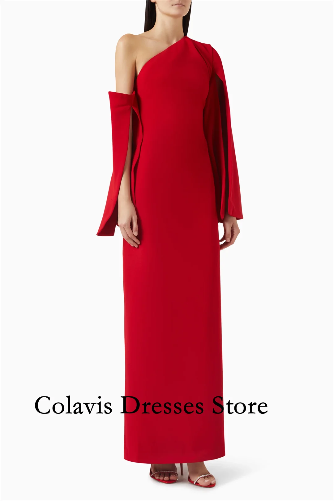 

2025 Customized One-Shoulder Long Sleeves Mermaid Crepe Red Prom Dresses Evening Dress Women Evening Gowns Formal Party Dress