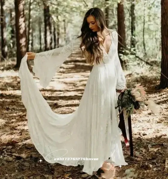 

Lace Country Wedding Dress Long Train Flare Sleeves Boho Bridal Gown V-Neck A-Line Chic Bride Dresses Customized