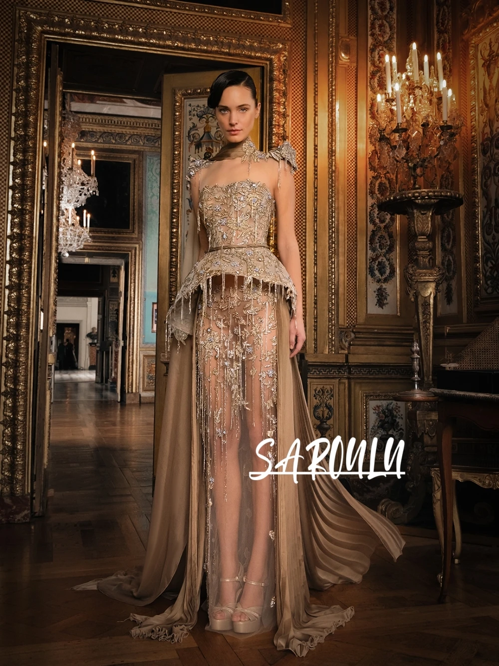 

Sheer Champagne Gold Sequined Evening Gown Strapless Beaded Fringe Detail Court Train Prom Dress Customized Delicate Sexy Wear