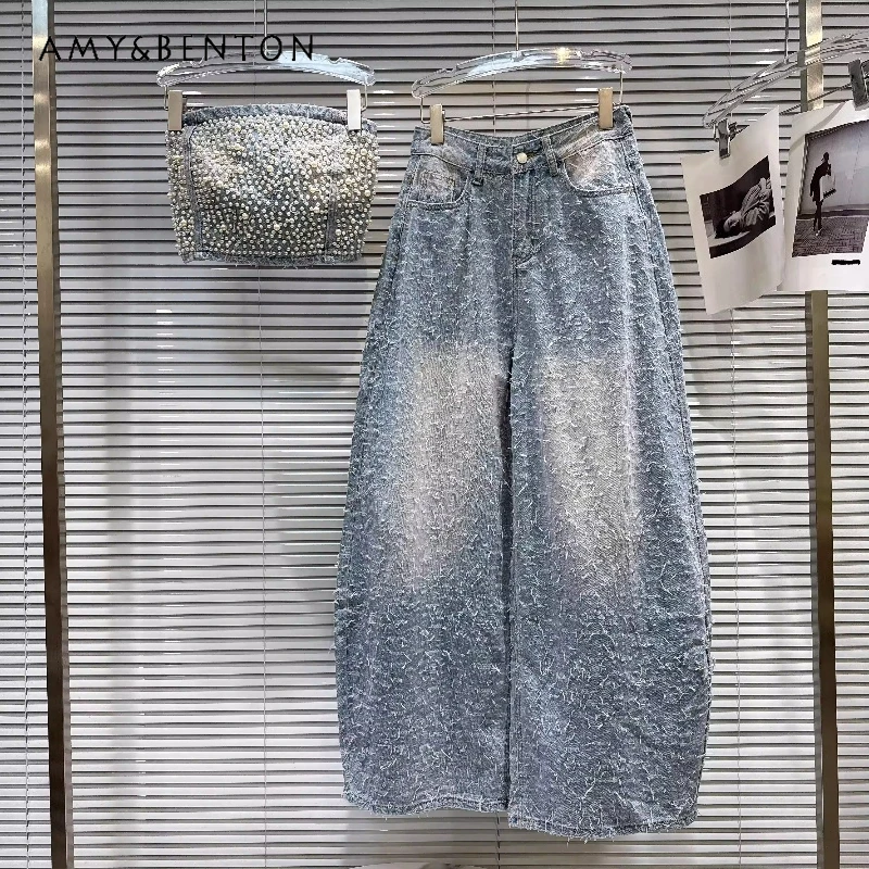 

2026 Spring New Sweet Cool Pearl Beaded Women's Tube Top French Design Loose Versatile Wide-Leg Denim Loog Pants Sets Ladies