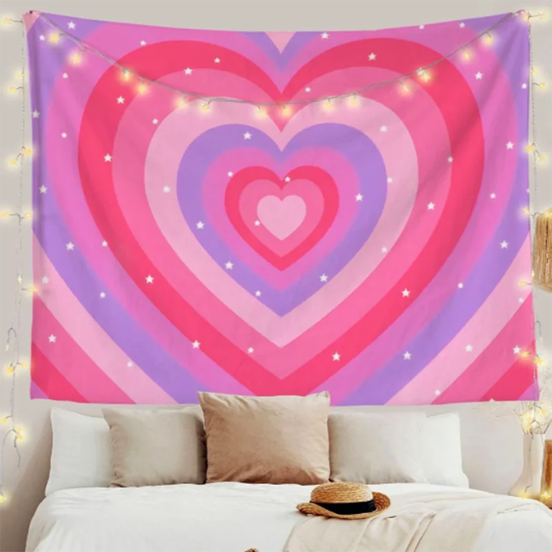 Heart Star Print Tapestry Couple Dormitory Pink Aesthetic Style Wall Hanging Romantic Love Shape Tapestries Bedroom Wall Blanket