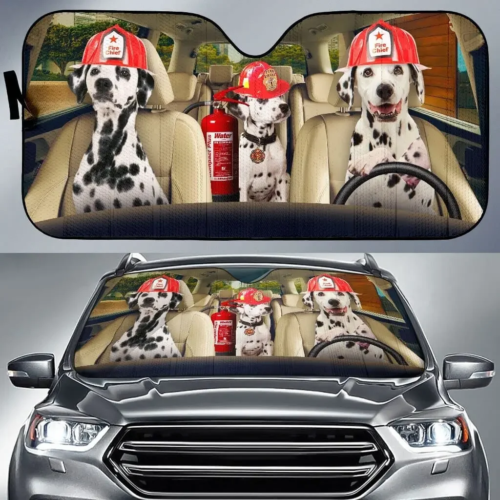 Funny Dalmatian Wearing Firefighter Hat Fire Extinguisher Driving Car Sunshade, Auto Sunshade for Firefighter Dog Lover,