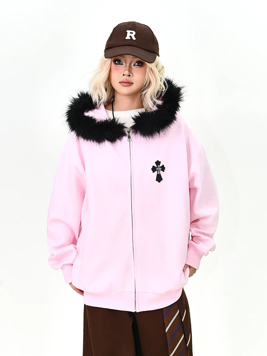 

Женская толстовка-кардиган с капюшоном, свободная, в американском ретро-стиле, весна 2026, новинка, с вышивкой крестиком и меховым воротником