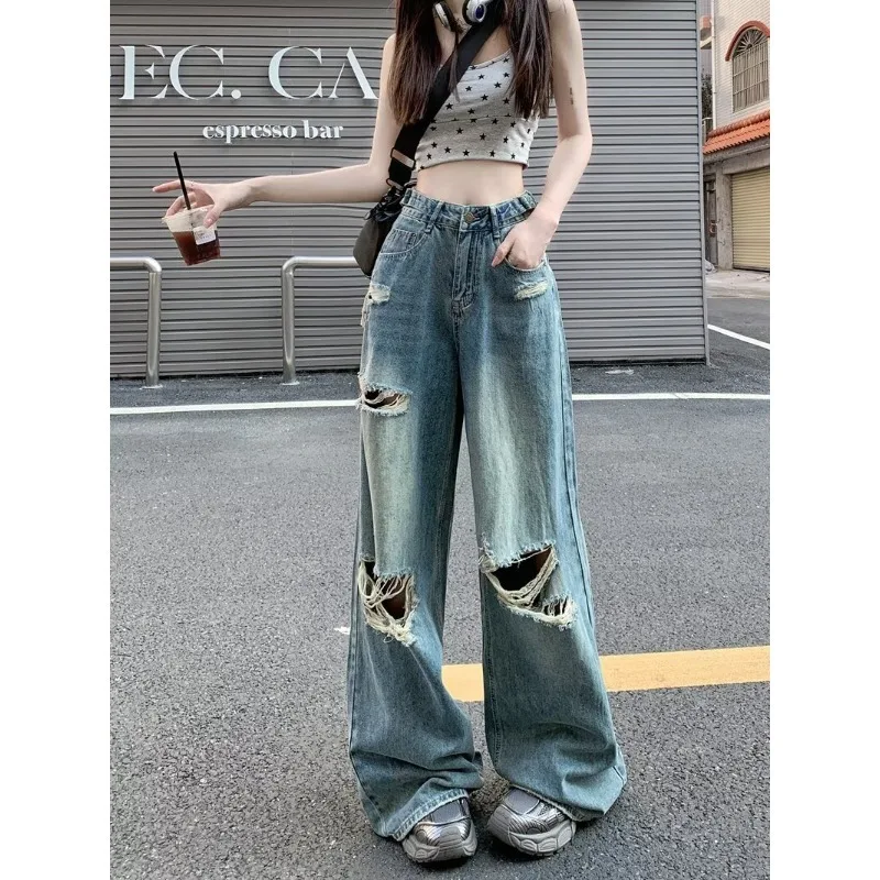 

Новые женские джинсы High Street, свободные широкие брюки с прямыми штанинами, рваные брюки с высокой талией, трендовые американские ретро-стили для девочек Y2k
