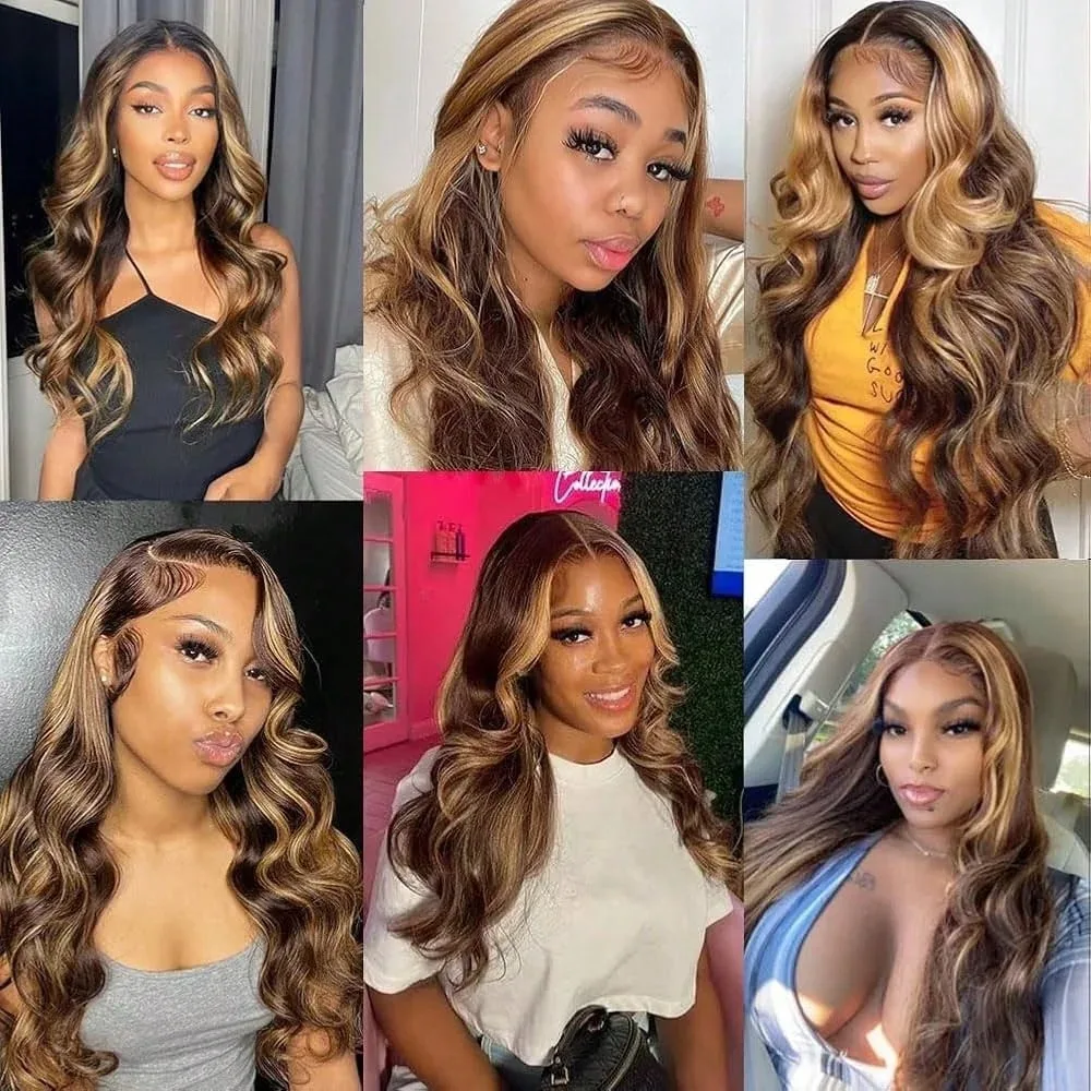 28 بوصة أومبير العسل شقراء 13x4 تسليط الضوء على الجسم موجة الدانتيل شعر مستعار أمامي شعر الإنسان قبل قطعها مع شعر الطفل 4/27 200% الكثافة اللون