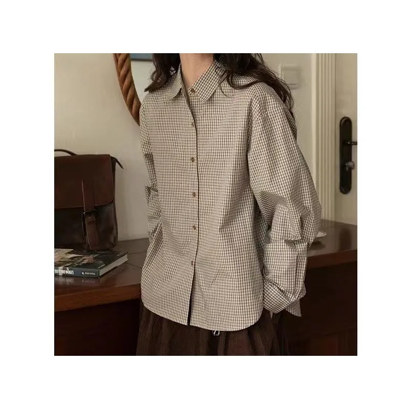 

Retro Plaid Shirt Women's Long Sleeves Spring and Autumn Design Sense Niche Lazy Style French