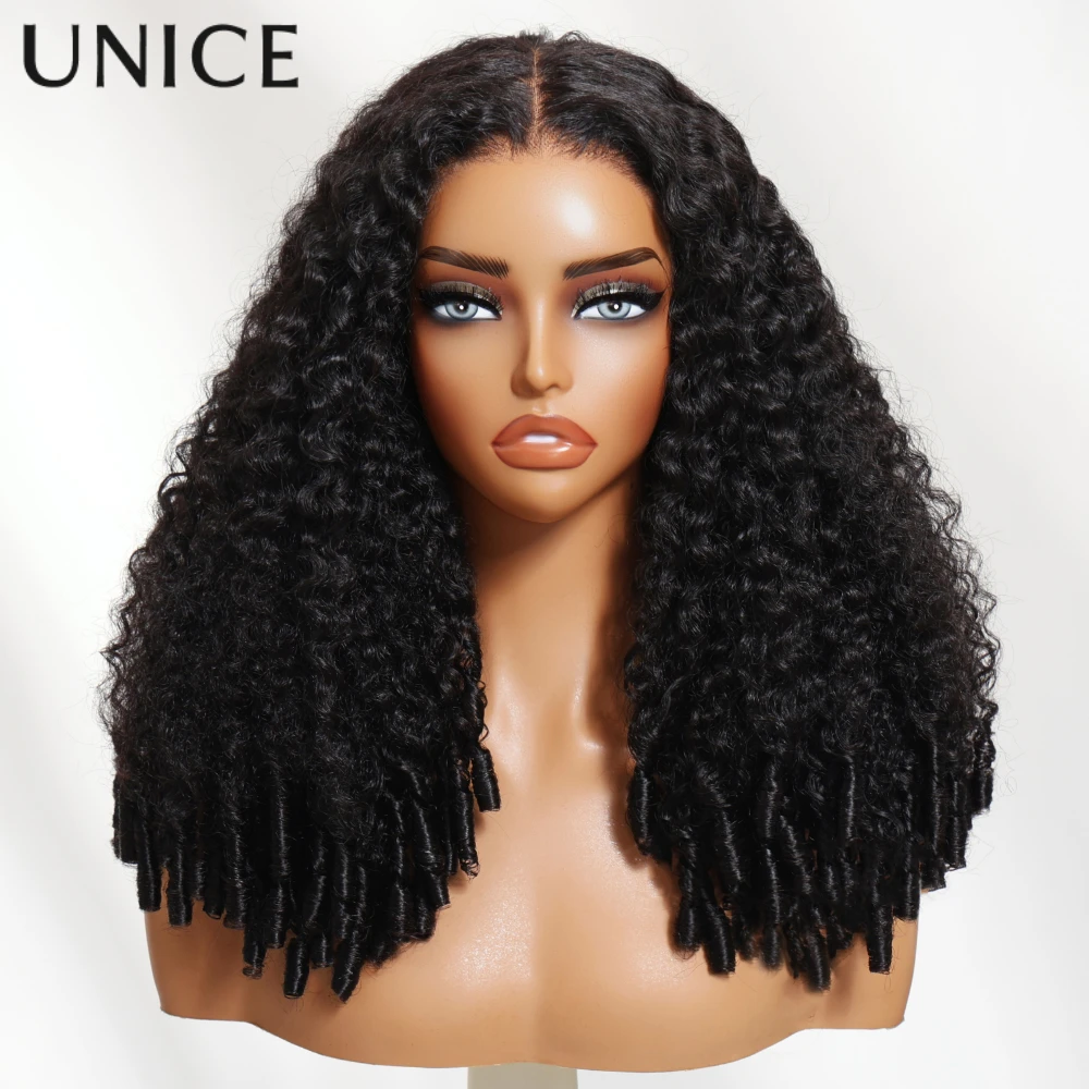 UNice 7x5 и 13x4 Кружевной вьющийся парик из натуральных волос с кончиками пальцев, предварительно выщипанный, предварительно вырезанный, предварительно отбеленный, бесклеевой парик со шнурком