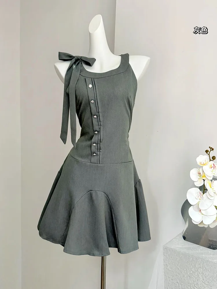 Formal Occasion Solid A-Line Dress Women New Design One-Piece Frocks Sleeveless Clothing O-Neck Fairy Dress Lace Up Party Prom