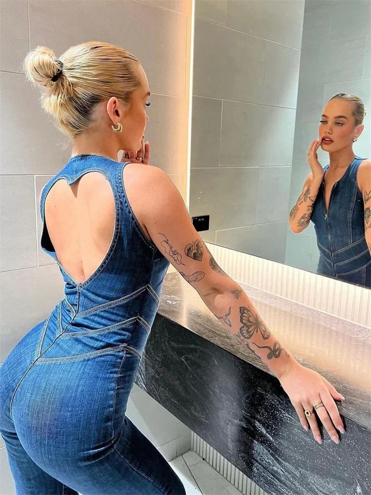 

Fmxirex Backless Heart Cutout Bodycon Jumpsuit For Women Casual Sleeveless Slim One-Piece Outfits Retro Denim Jumpsuits New 2025