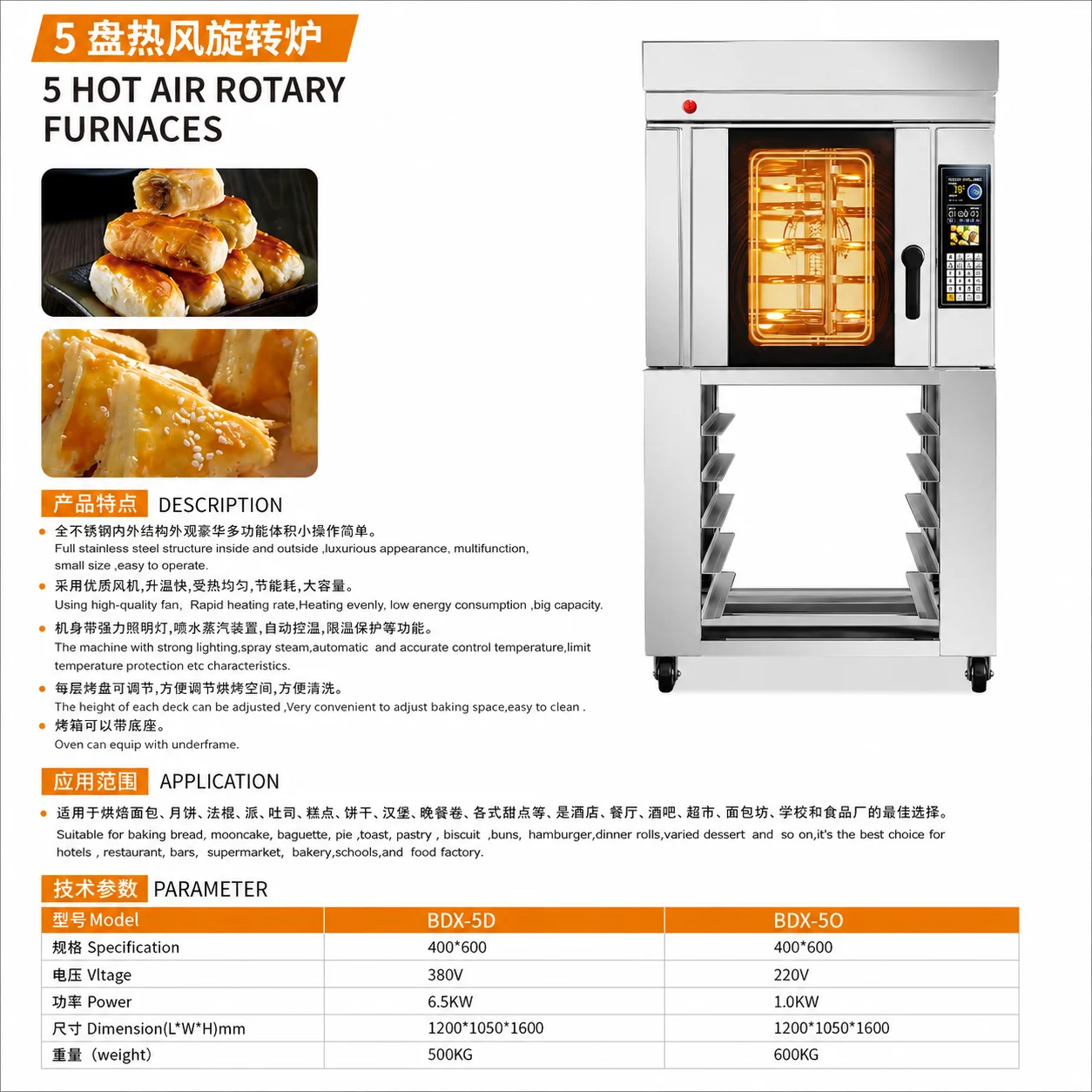 CE ETL Certified Commercial 5 Tray Electric Gas Hot Air Rotary Oven Bakery Convection Oven with Steam for Bread Pastry