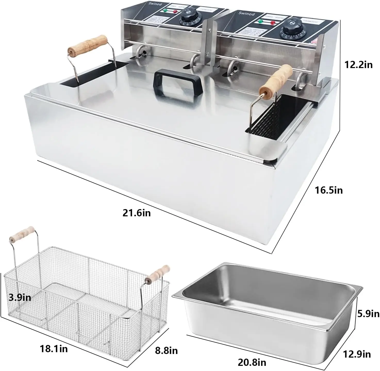 Deep Fryer with Basket for Restaurant or Home Use, Detachable Large Capacity Stainless Steel Countertop Electric Oil Fryer with