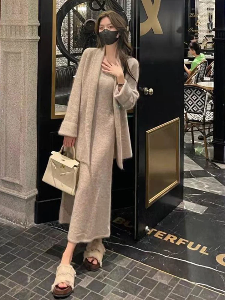 2024 Autumn Knitted Two Piece Set Women Soft Mohair Knitted Lace Up Belt Loose Cardigan + Long Dress Female French Chic Suit