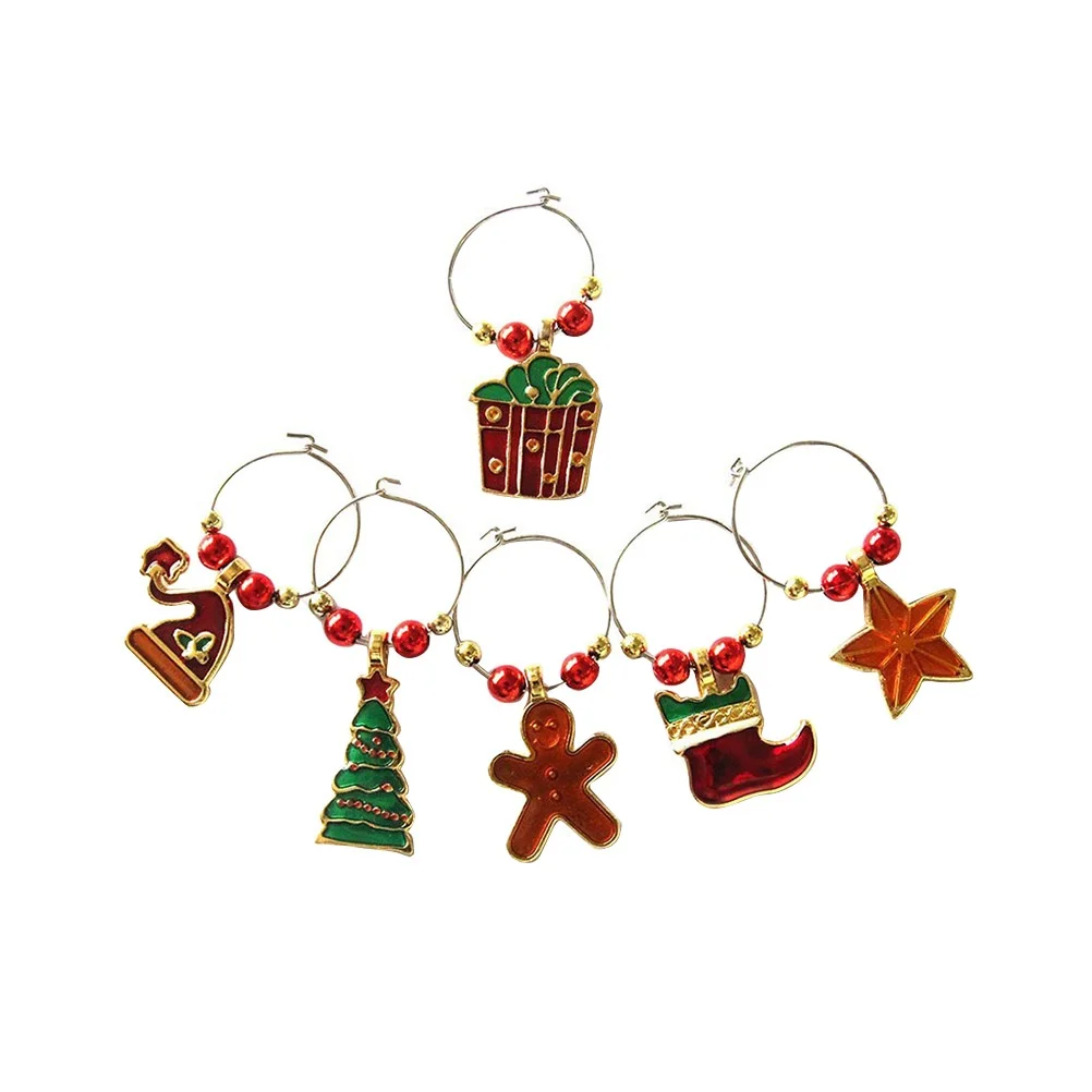 

6pcs Wine Glass Charms Premium Zinc Alloy Christmas Theme Drink Markers For Party Favors Holiday Gifts Bar Tools Kitchen Barware