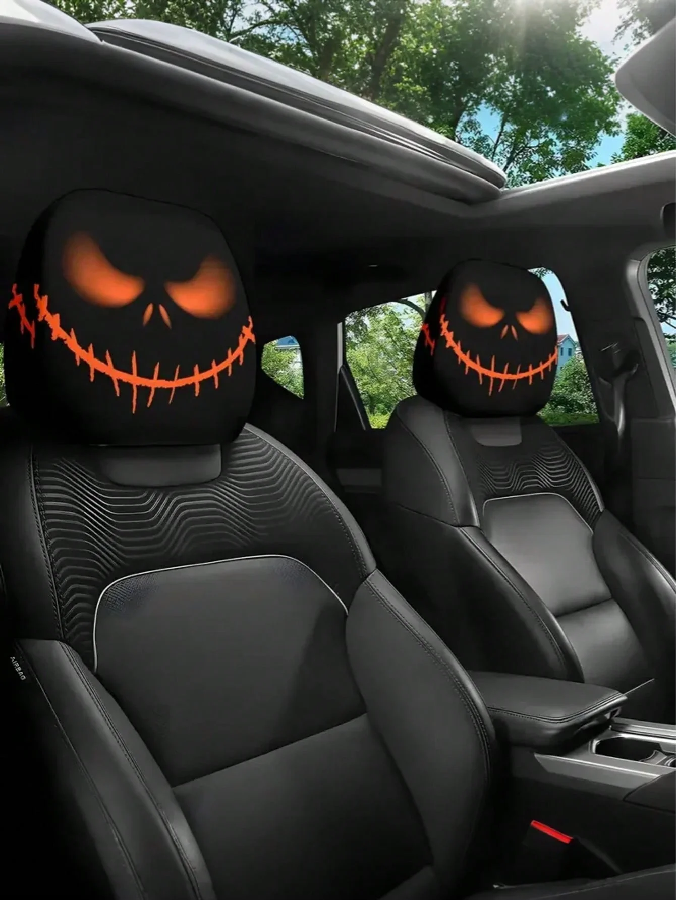 

2 шт. чехлы на подголовники автомобиля, дизайн тыквенного черепа, светящиеся в темно-оранжевые глаза, черно-оранжевый принт, эластичная универсальная посадка, Sui