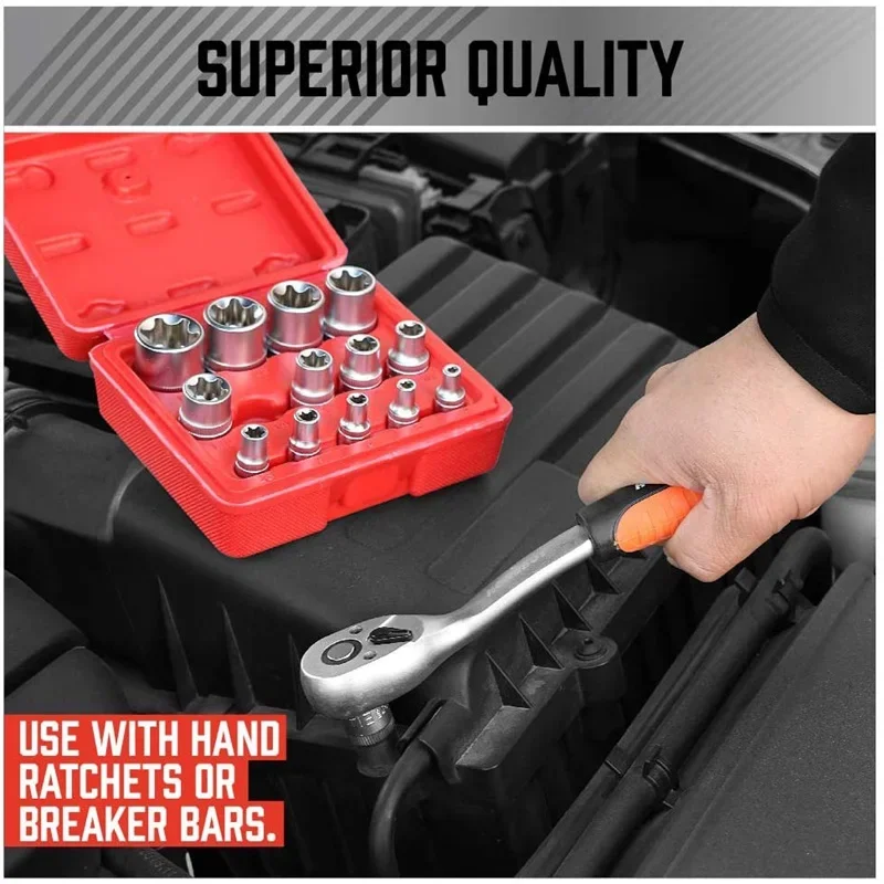 ประแจชุดซ็อกเก็ต Torx Star ตัวเมีย14ชิ้น E4-E24สำหรับบ้านเครื่องมือซ่อมโลหะแบบ DIY 1/2 ''3/8'' 1/4''