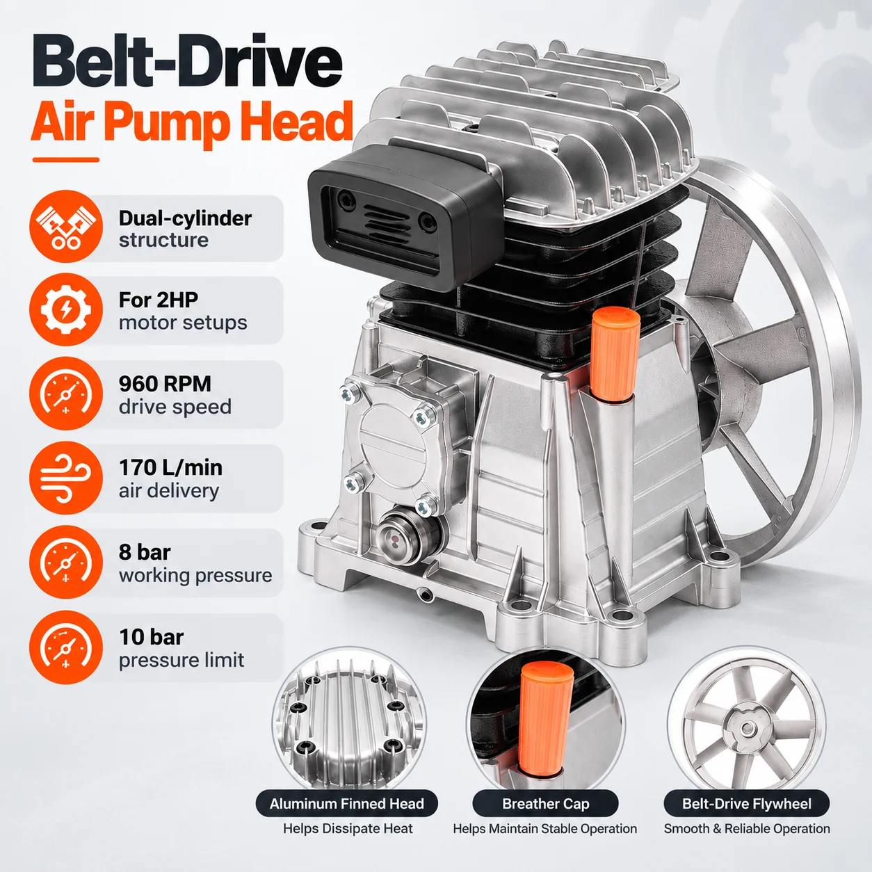 Tête de pompe de compresseur d'air à 2 cylindres, tête de compresseur à entraînement par courroie 2HP avec une vitesse de 960 tr/min, débit d'air de 170 L/min, pression de travail de 8 bar, pression maximale de 10 bar, poulie, pour équipement pneumatique d'atelier