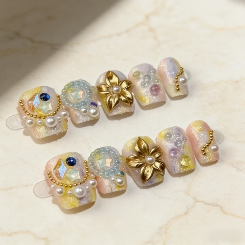 

10 шт. накладных ногтей ручной работы с 3D цветочными узорами и жемчужными акцентами. Эти накладные ногти — отличный подарок для девушек и подруг.