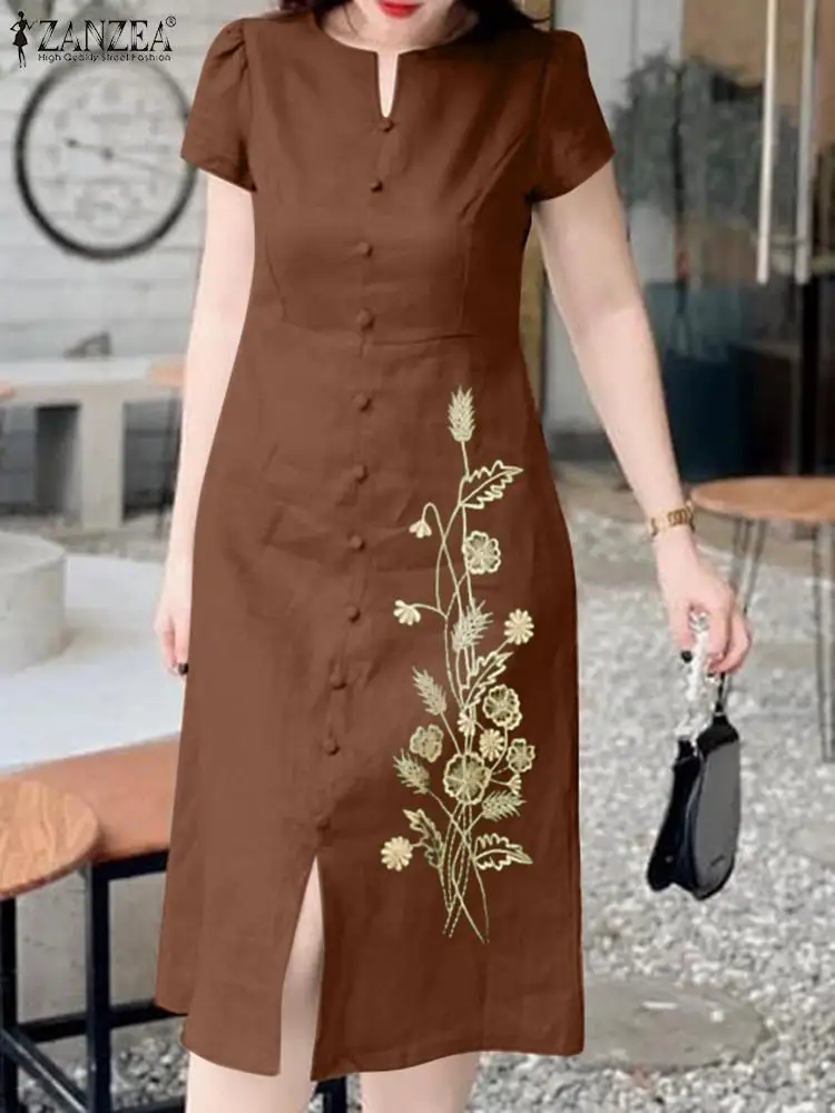 ZANZEA Women Embroidery Midi Dress Vintage Short Sleeve Vestidos 2024 Summer Buttons Slit Vestidos Holiday Casual Loose Dresses