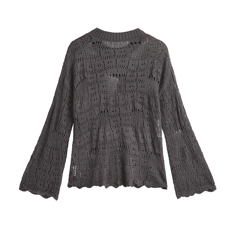 YENKYE-Pull en tricot évidé pour femme, pull vintage, manches longues, col rond, style paresseux, gris foncé en Y, automne