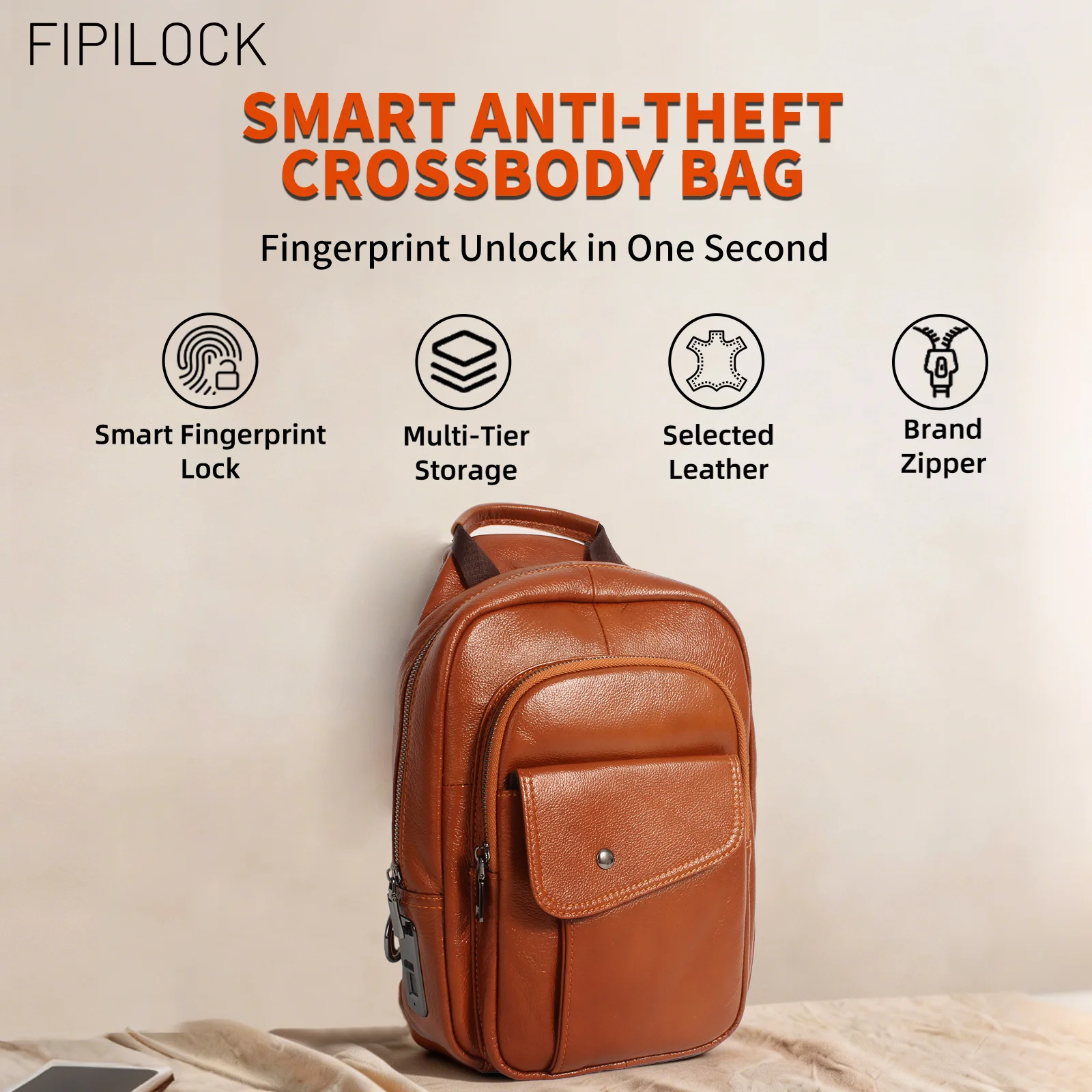 FIPILOCK Crossbody Bag Backpack Laptop 2in1 for Women and Men High Quality Genuine Leather with Smart Fingerprint Unlock Fishing