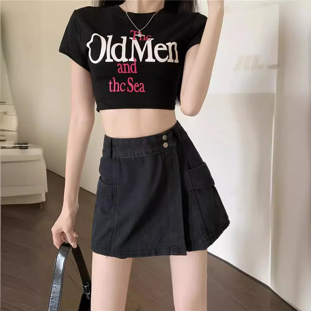 Retro American Denim Shorts for Women 2025 Summer New High-waisted Loose Slimming Hip-covering Wide-leg A-line Skirt Pants