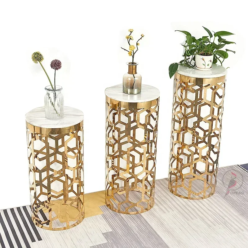 Wedding Marble Stainless Steel Plant Rack Eco Friendly Flower Shelf Plant Display Stand Metal Base Round Shape Flower