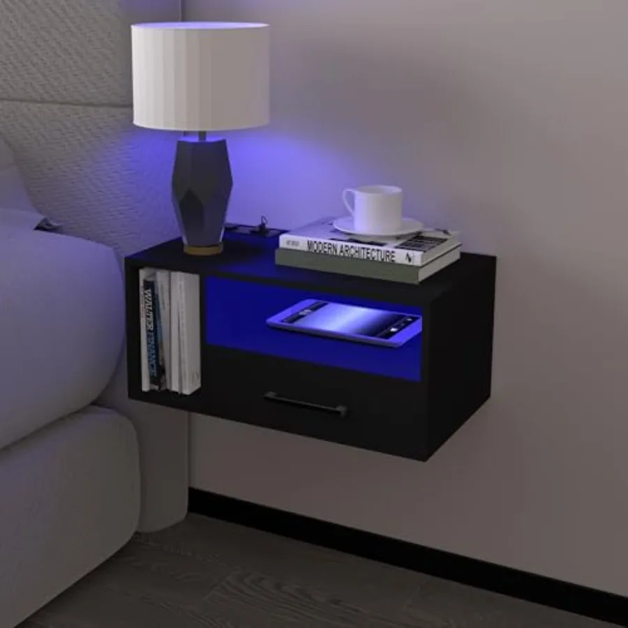 

Прикроватная тумбочка с зарядной станцией и LED-подсветкой, настенная, с ящиками, черная, 21.3 x 11.8 x 10 дюймов, для кровати